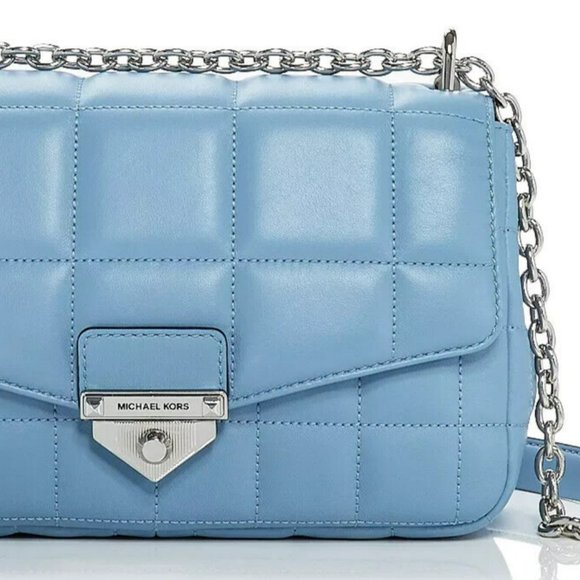 MICHAEL KORS SOHO LARGE BLUE CHAMBRAY QUILT LAMB LEATHER CROSSBODY